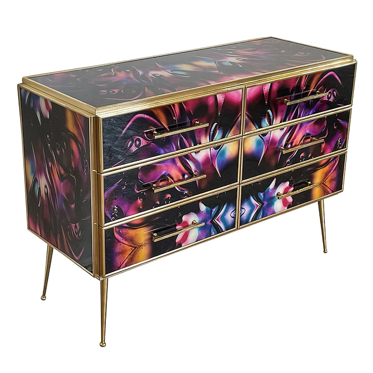 Wooden dresser with 6 drawers in multicolored Murano glass, 1980s 3
