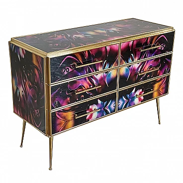 Wooden dresser with 6 drawers in multicolored Murano glass, 1980s
