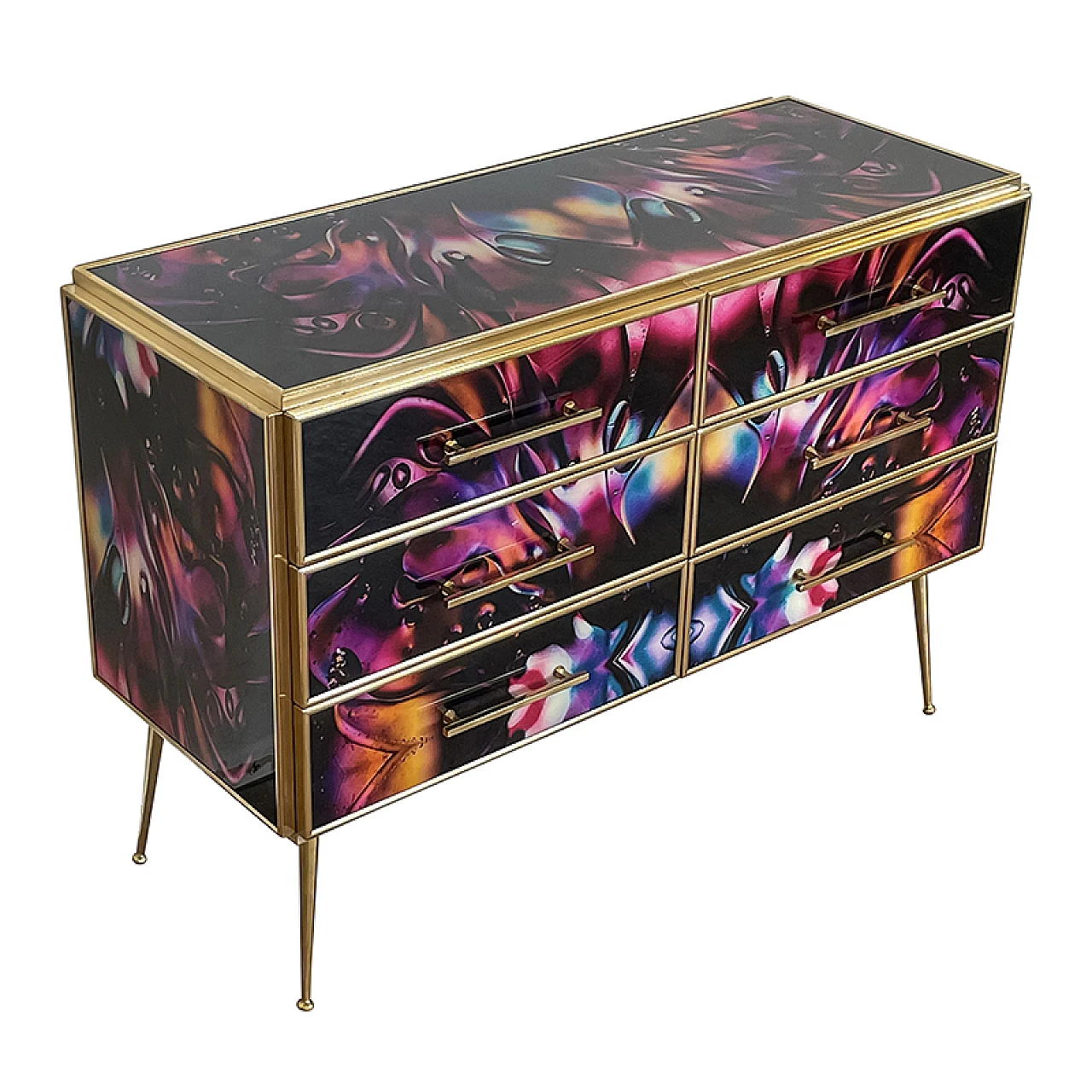 Wooden dresser with 6 drawers in multicolored Murano glass, 1980s 4