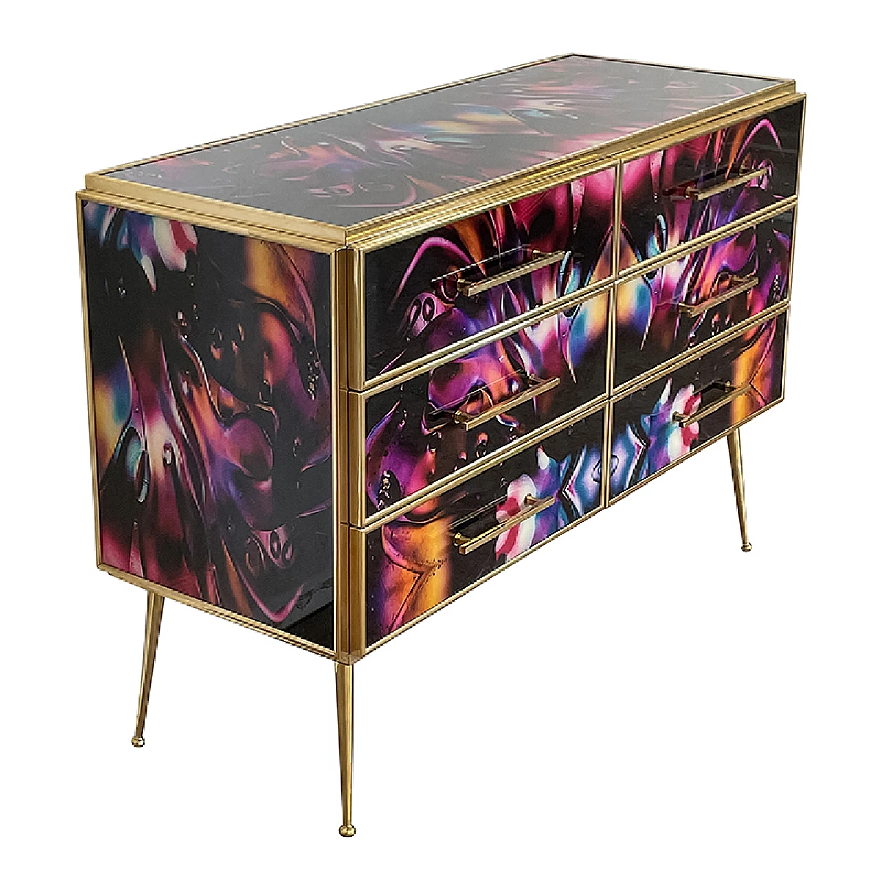Wooden dresser with 6 drawers in multicolored Murano glass, 1980s 5