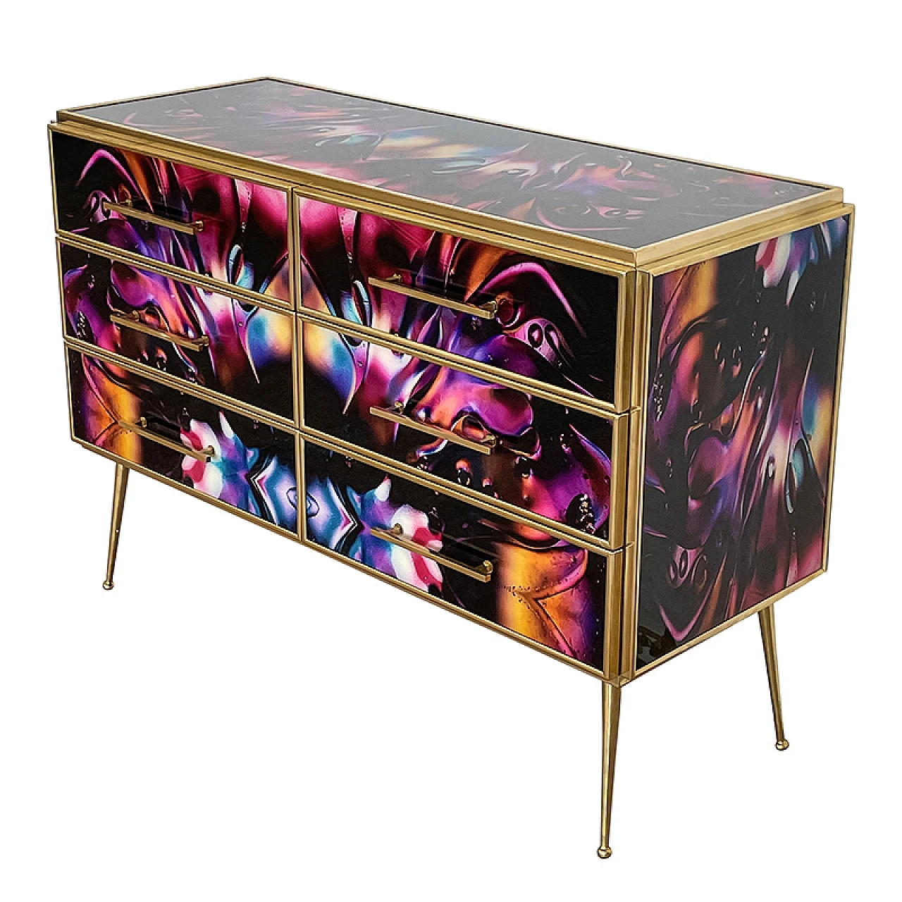 Wooden dresser with 6 drawers in multicolored Murano glass, 1980s 6