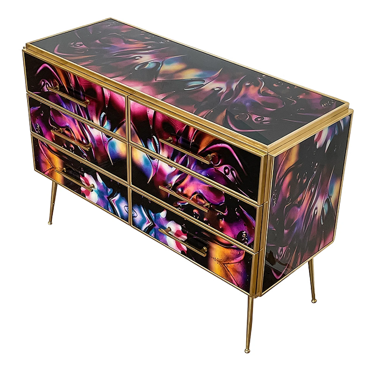 Wooden dresser with 6 drawers in multicolored Murano glass, 1980s 7