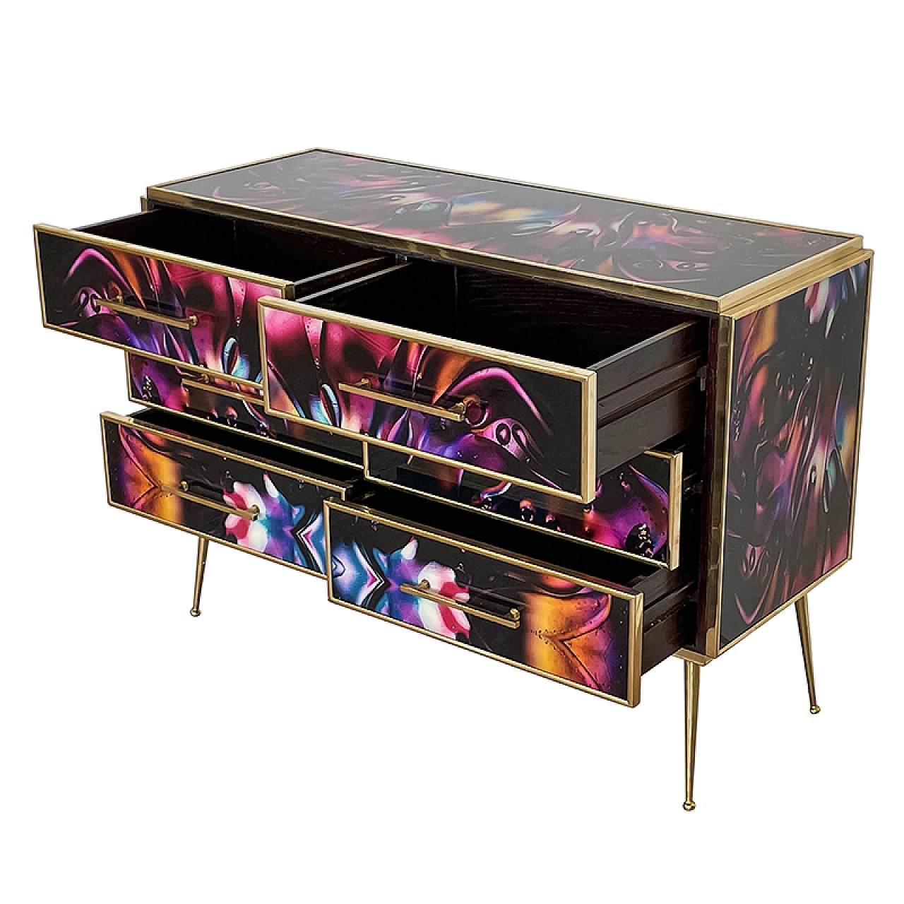 Wooden dresser with 6 drawers in multicolored Murano glass, 1980s 8