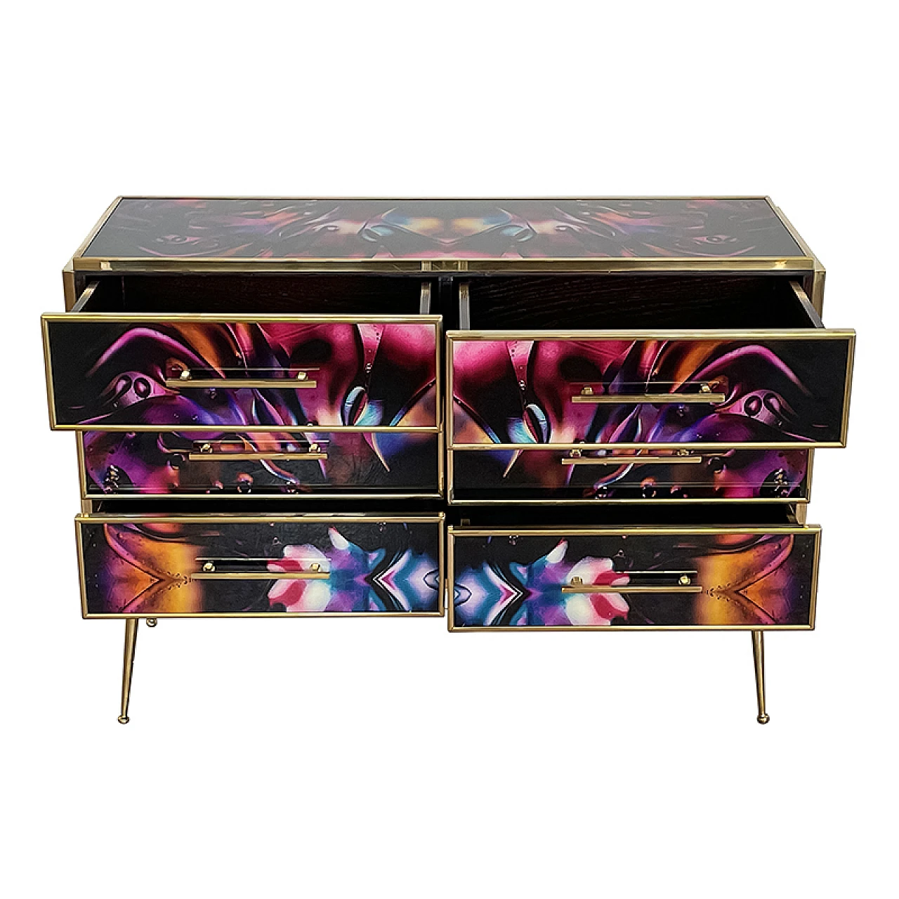 Wooden dresser with 6 drawers in multicolored Murano glass, 1980s 9