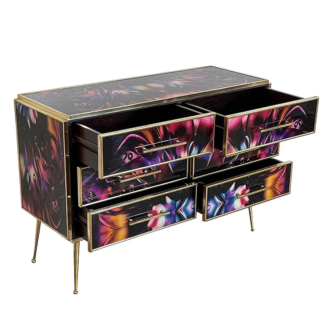 Wooden dresser with 6 drawers in multicolored Murano glass, 1980s 10
