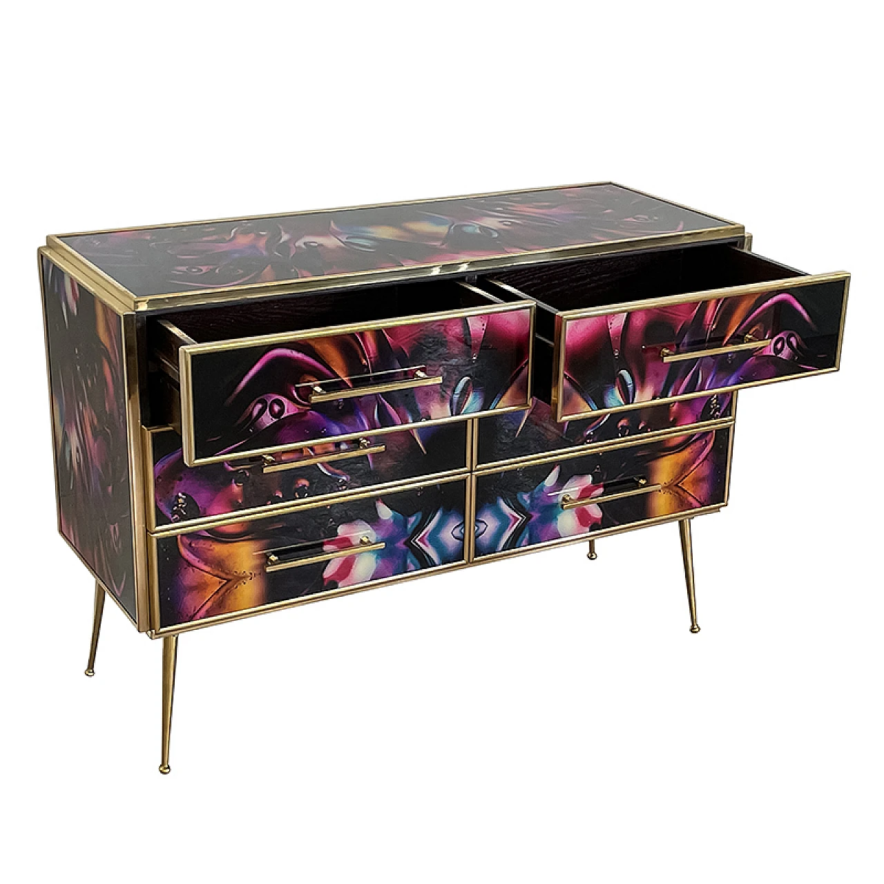 Wooden dresser with 6 drawers in multicolored Murano glass, 1980s 11