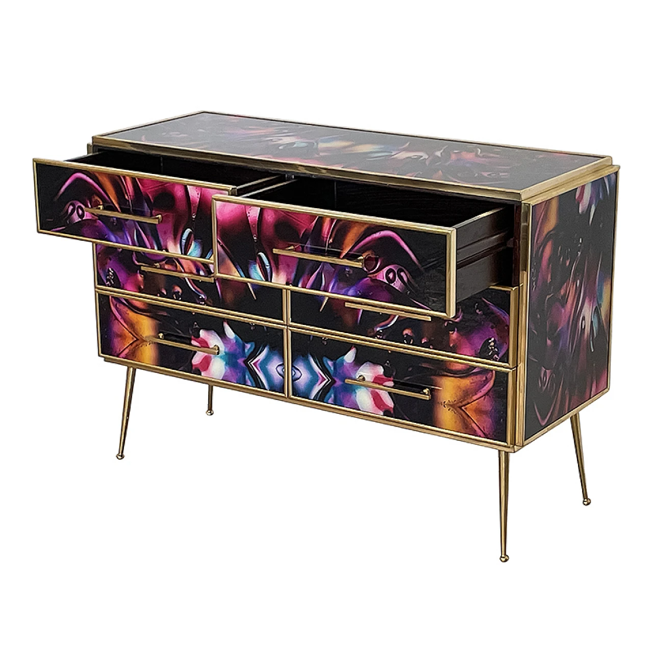 Wooden dresser with 6 drawers in multicolored Murano glass, 1980s 12