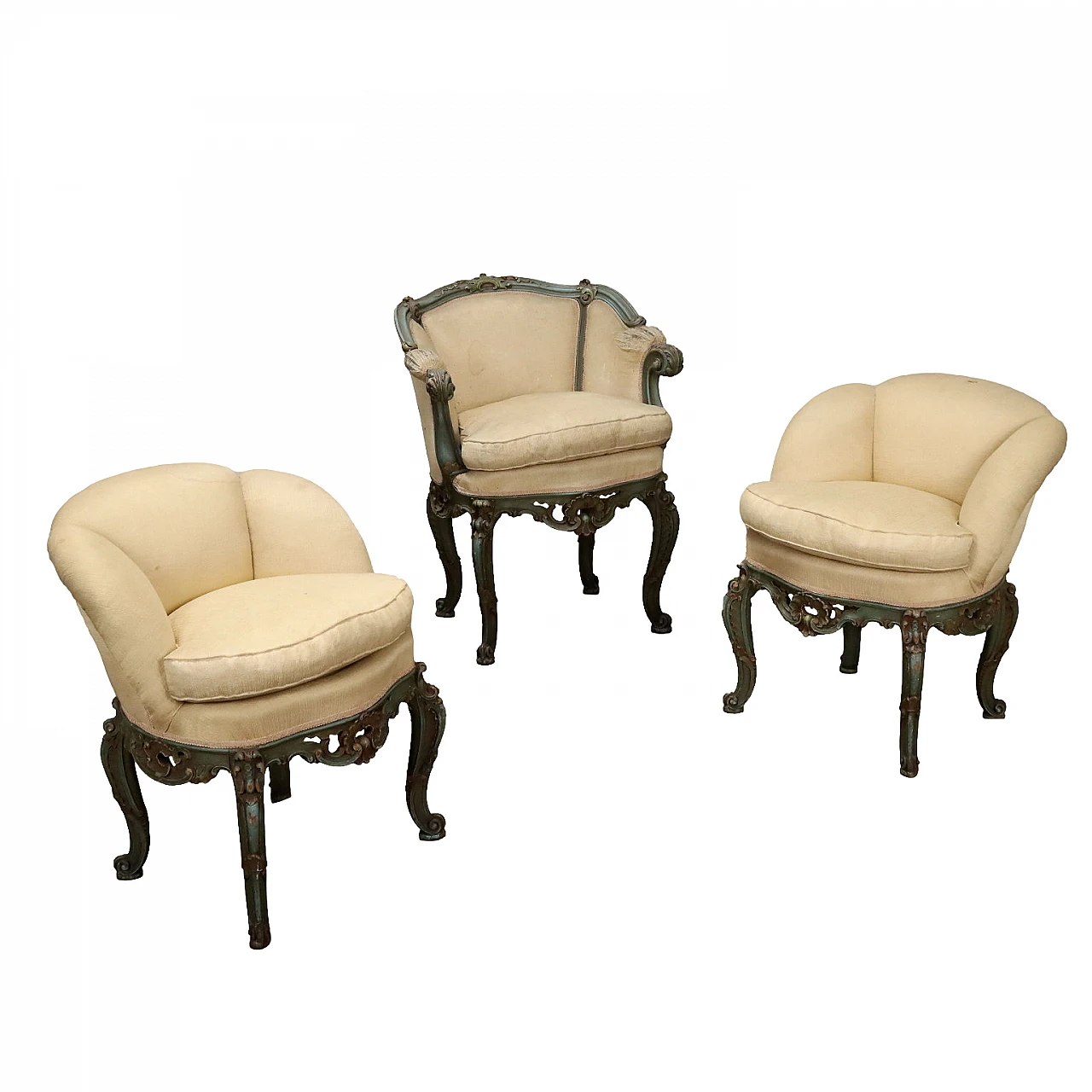 3 Laquered wood armchairs with wavy legs and rocaille motifs 1