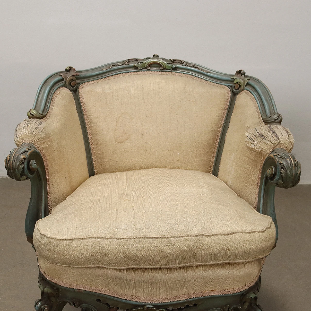 3 Laquered wood armchairs with wavy legs and rocaille motifs 3
