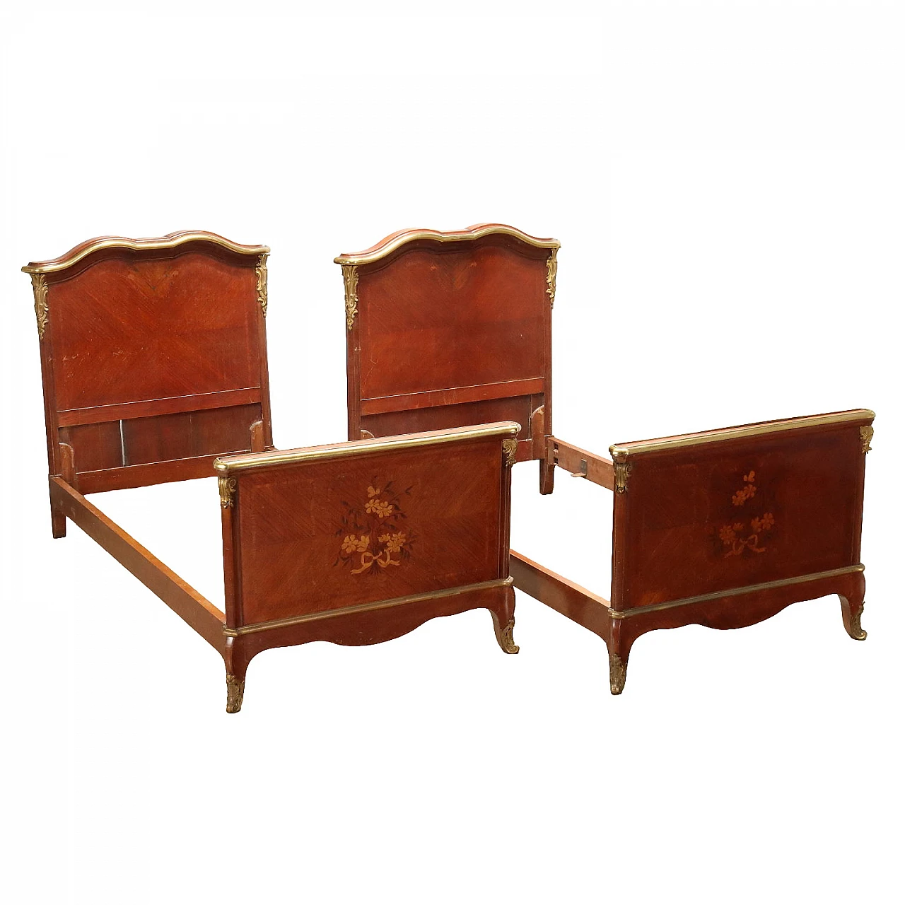Pair of mahogany bed frames with bronze and brass details 1