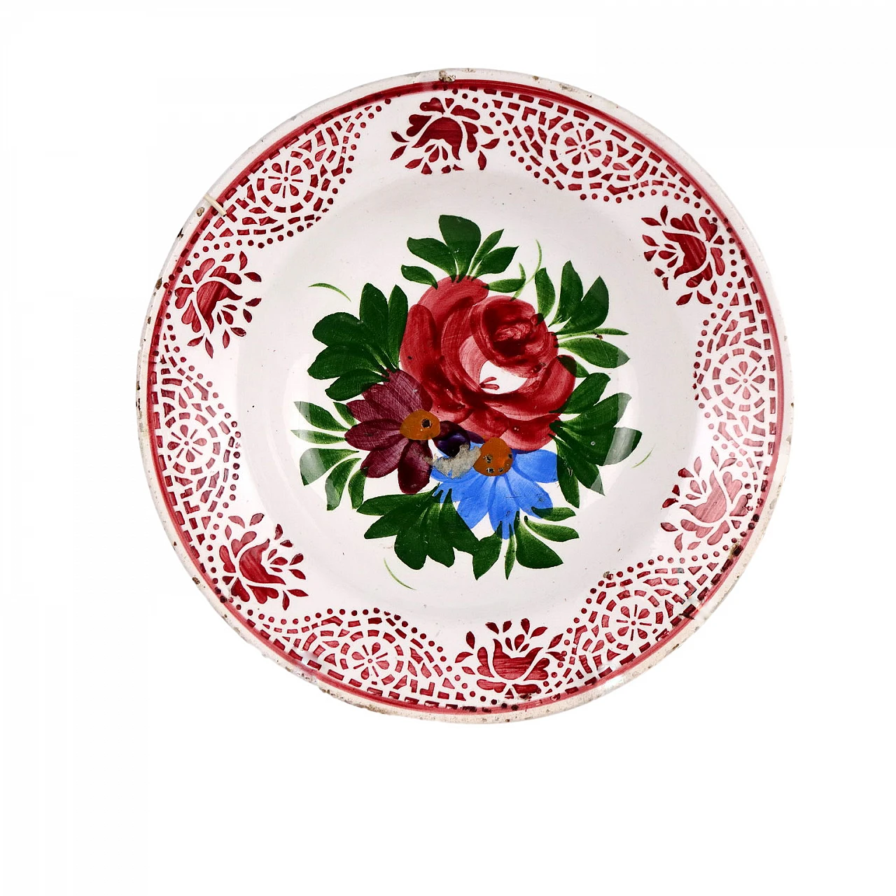Piatto in ceramica maiolicata con decori floreali policromi 1