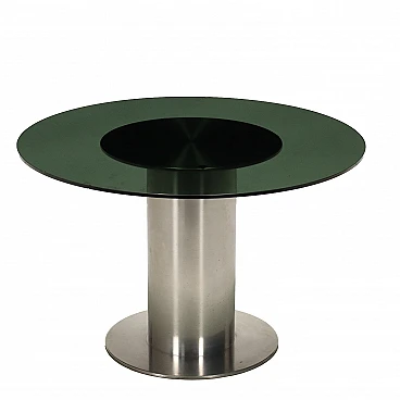 Round table in chromed aluminum and fumé glass top, 1960s