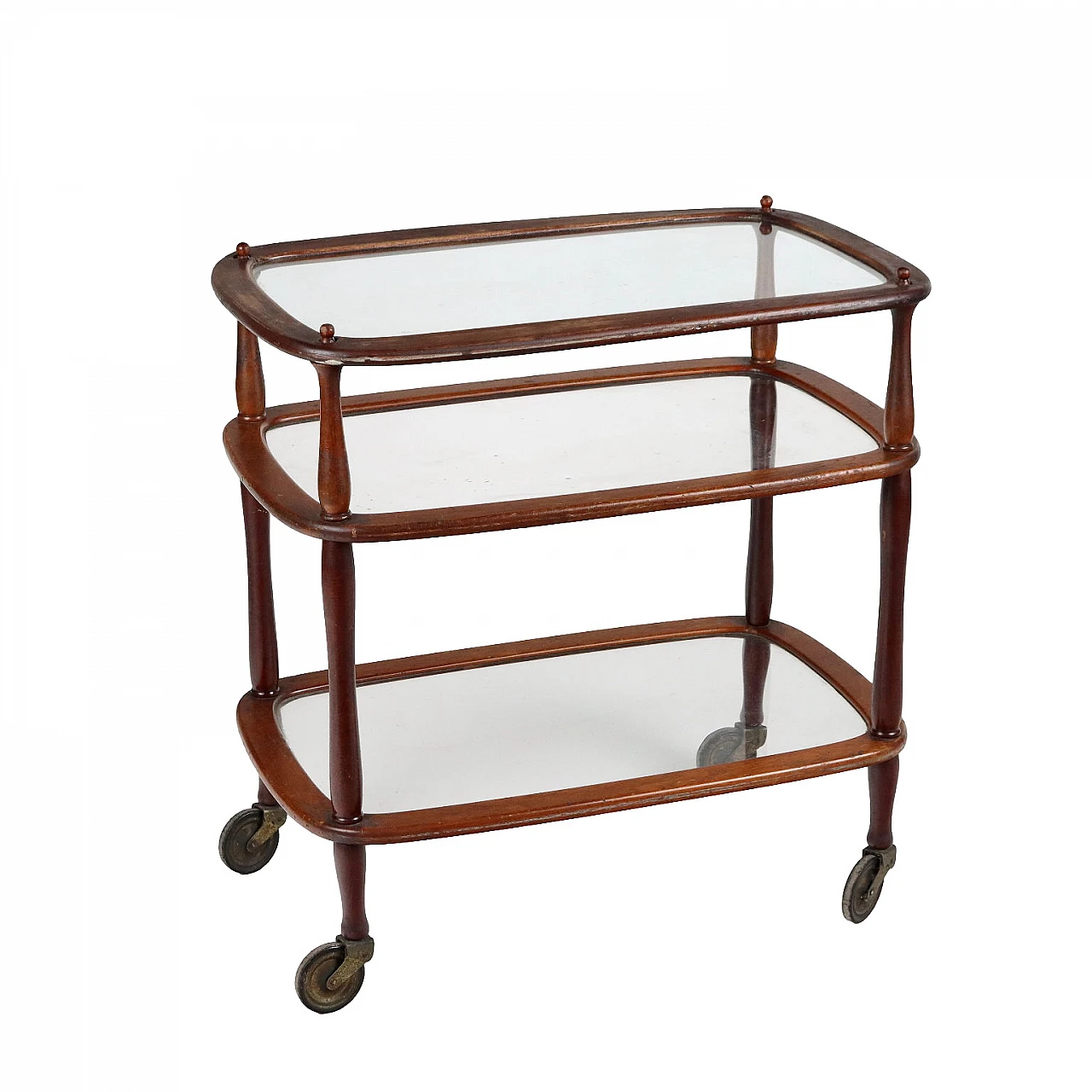 Three-shelf stained beech and glass bar cart, 1950s 1
