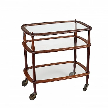 Three-shelf stained beech and glass bar cart, 1950s