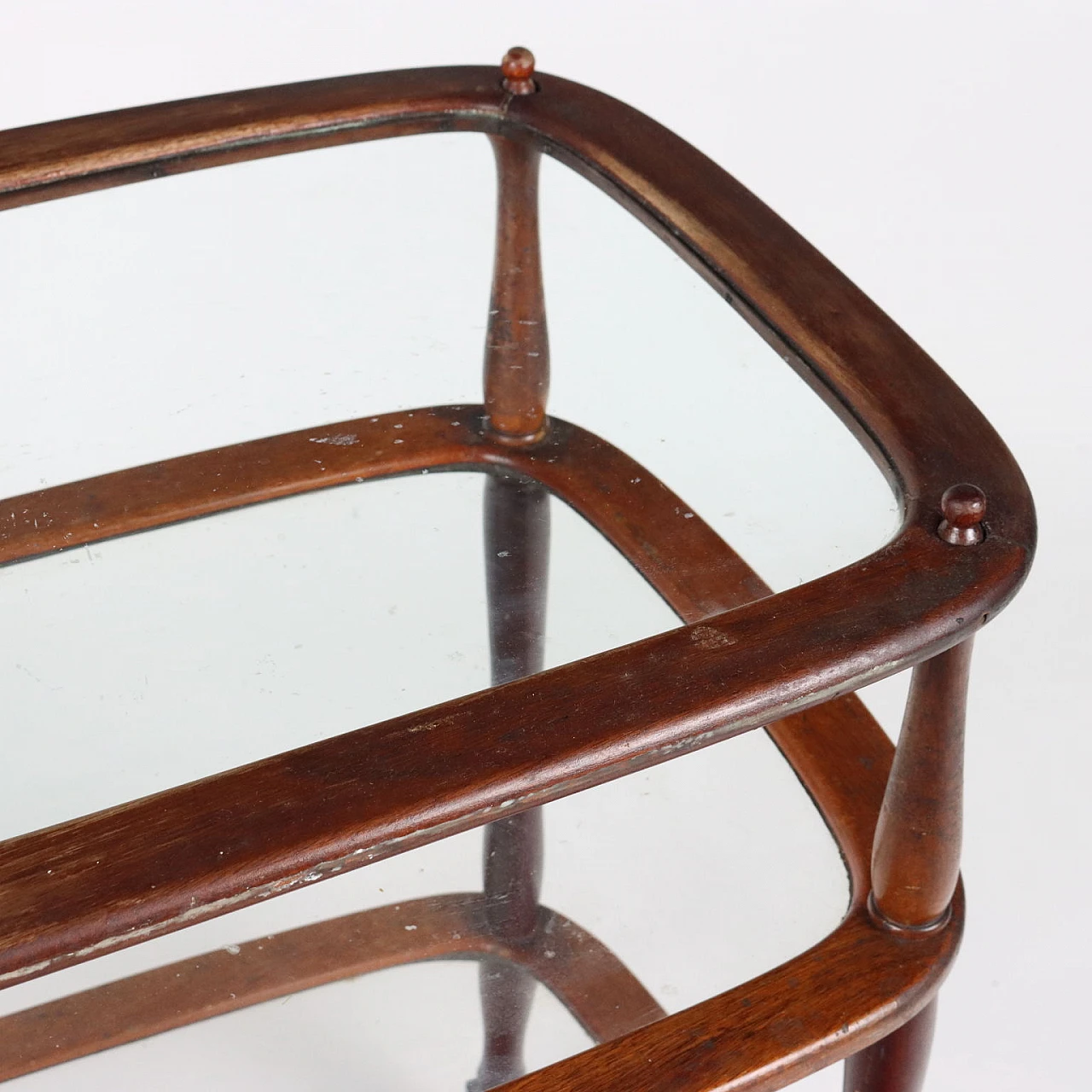 Three-shelf stained beech and glass bar cart, 1950s 5