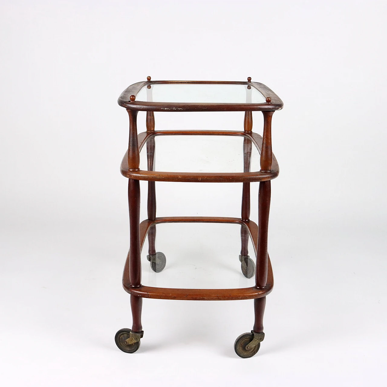 Three-shelf stained beech and glass bar cart, 1950s 8