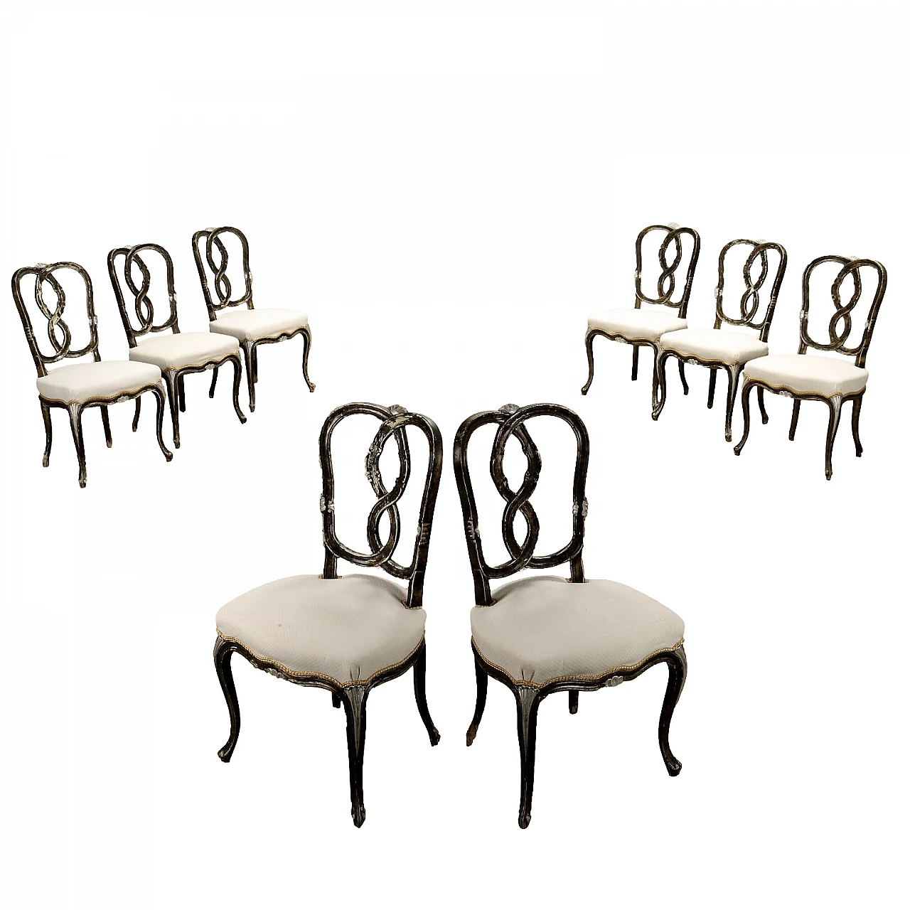 8 chairs with upholstered seats, lacquered and silvered 1