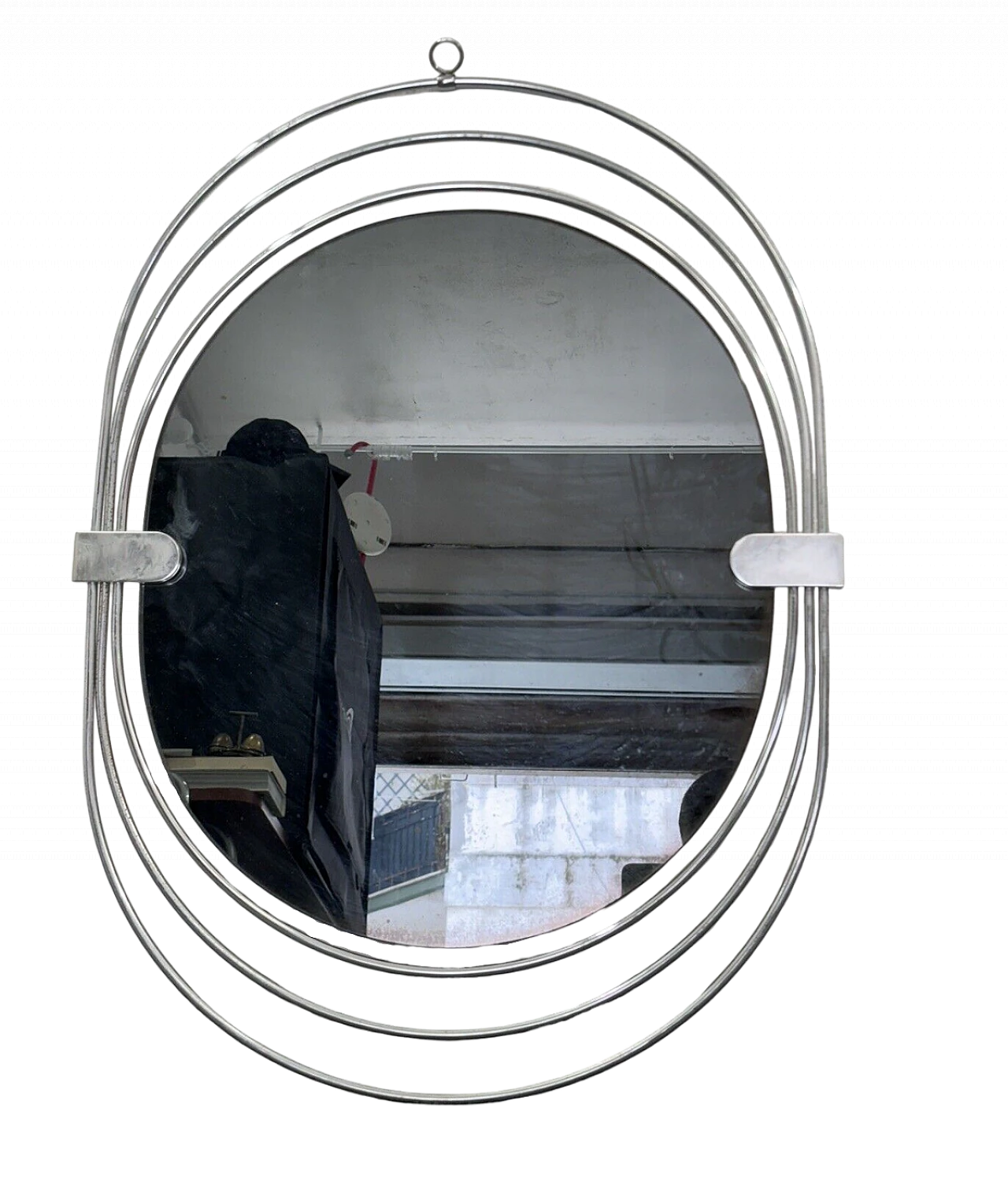 Specchio ovale in acciaio e vetro fumé di Gaetano Sciolari, anni '70 12