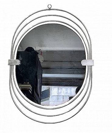 Specchio ovale in acciaio e vetro fumé di Gaetano Sciolari, anni '70