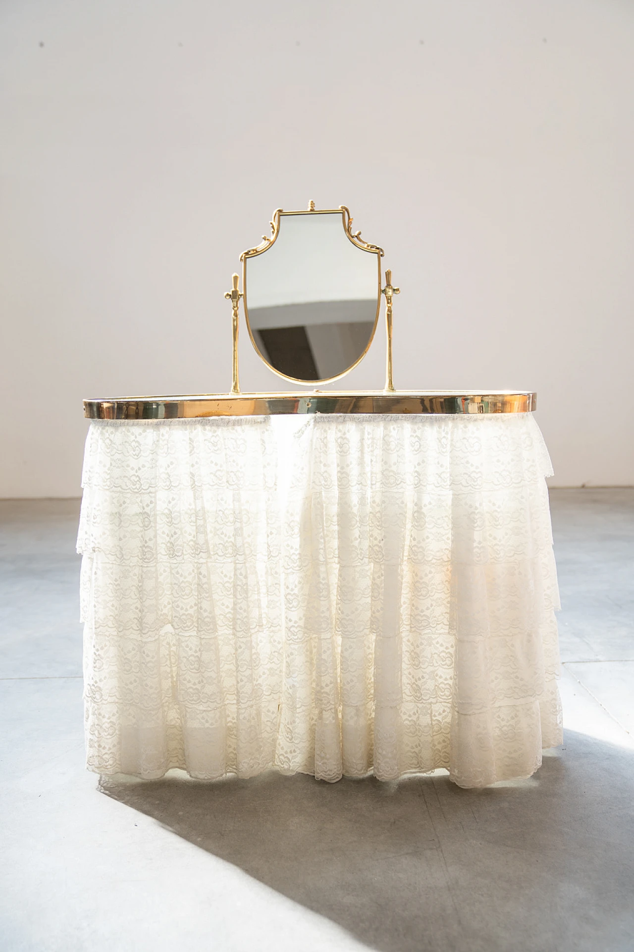 Vanity wooden table with mirror and curtain, 1950s 1