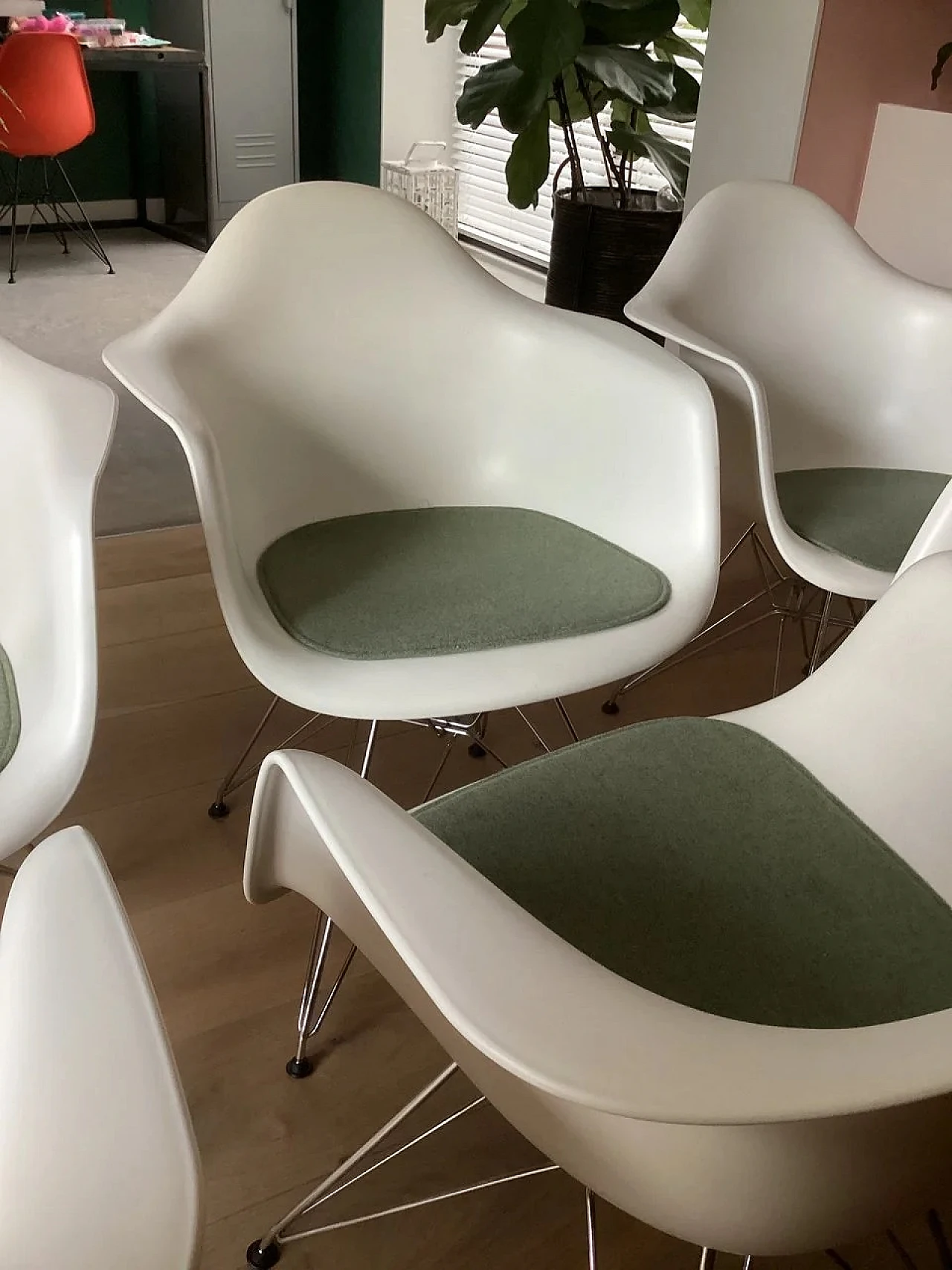 6 Dar chairs & green cushions by C. & R. Eames for Vitra, 2009 1