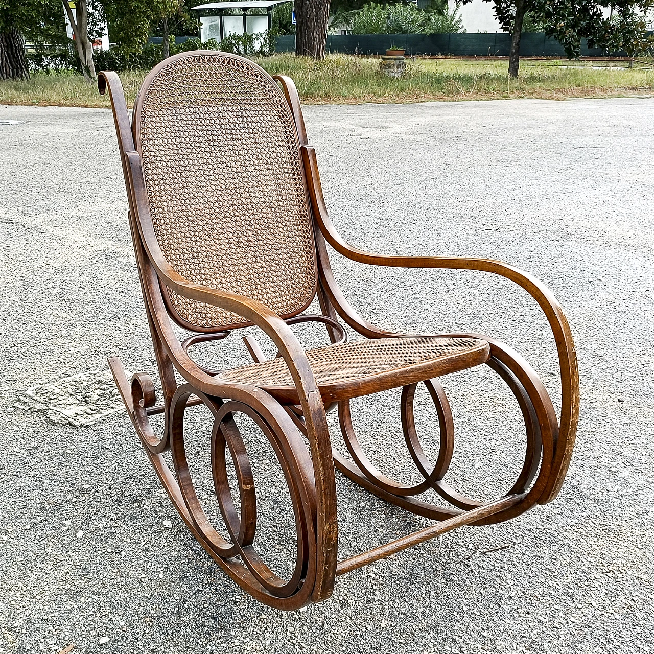 Bent wood and wicker rocking chair by Thonet 2
