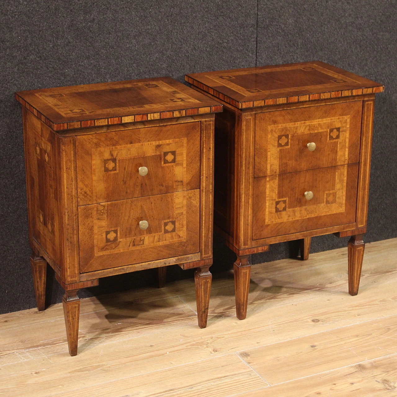 Pair of Louis XVI style inlaid wood  bedside tables, 1970s 1