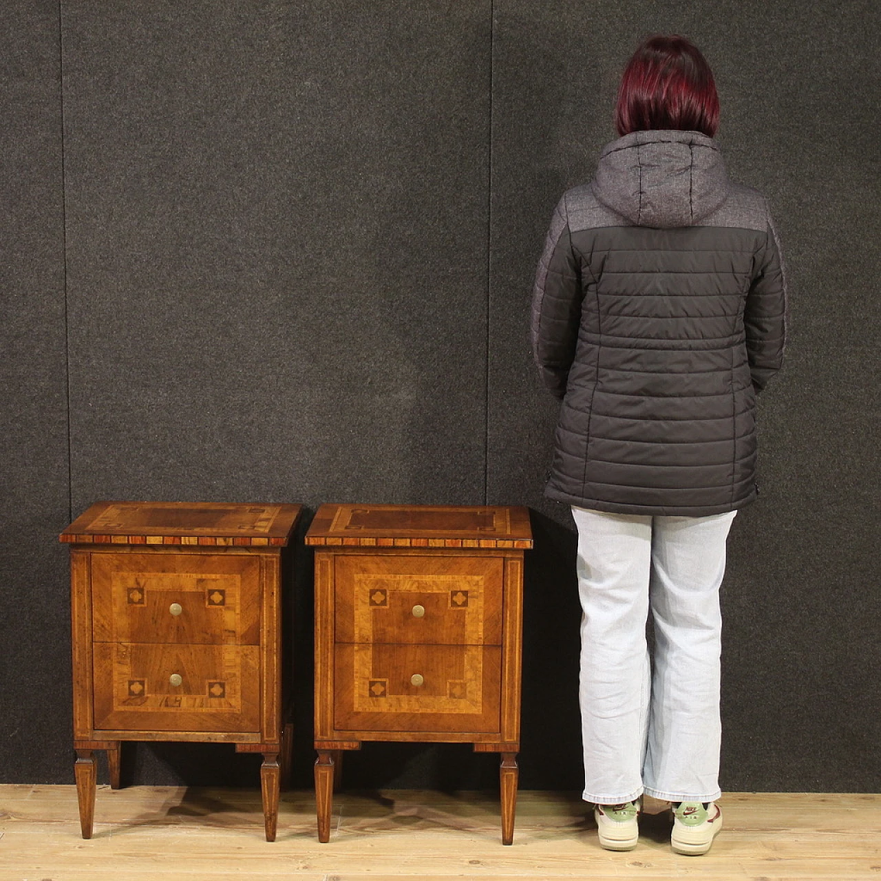 Pair of Louis XVI style inlaid wood  bedside tables, 1970s 2