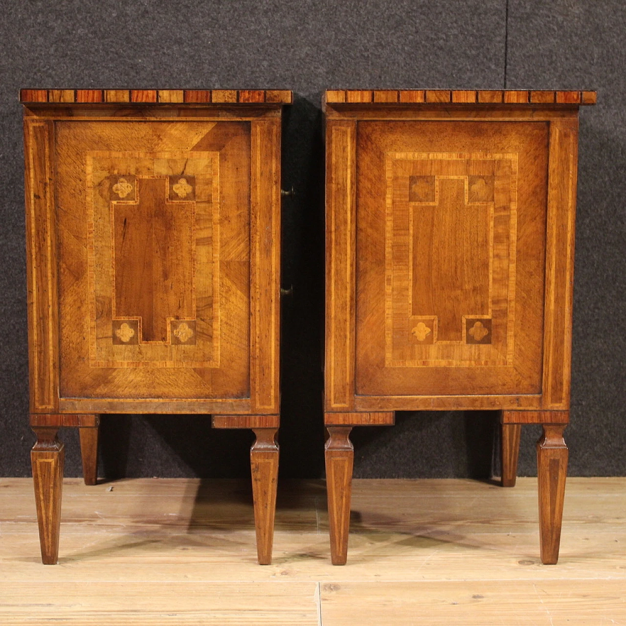 Pair of Louis XVI style inlaid wood  bedside tables, 1970s 3