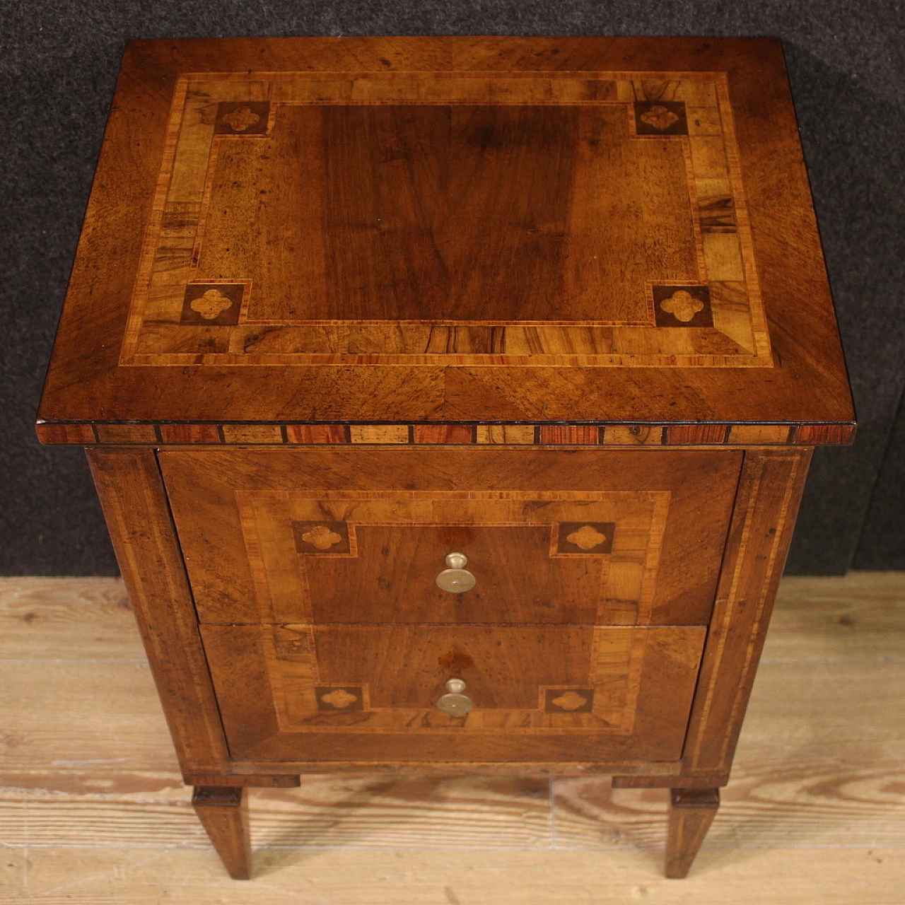 Pair of Louis XVI style inlaid wood  bedside tables, 1970s 5