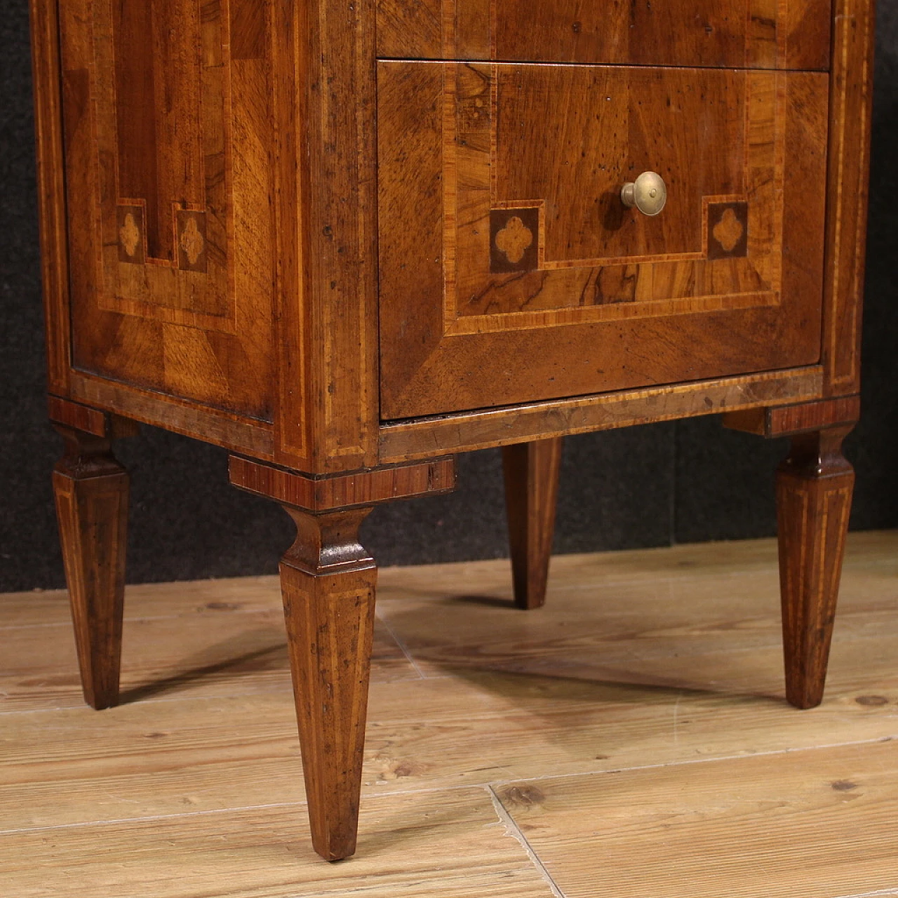 Pair of Louis XVI style inlaid wood  bedside tables, 1970s 8
