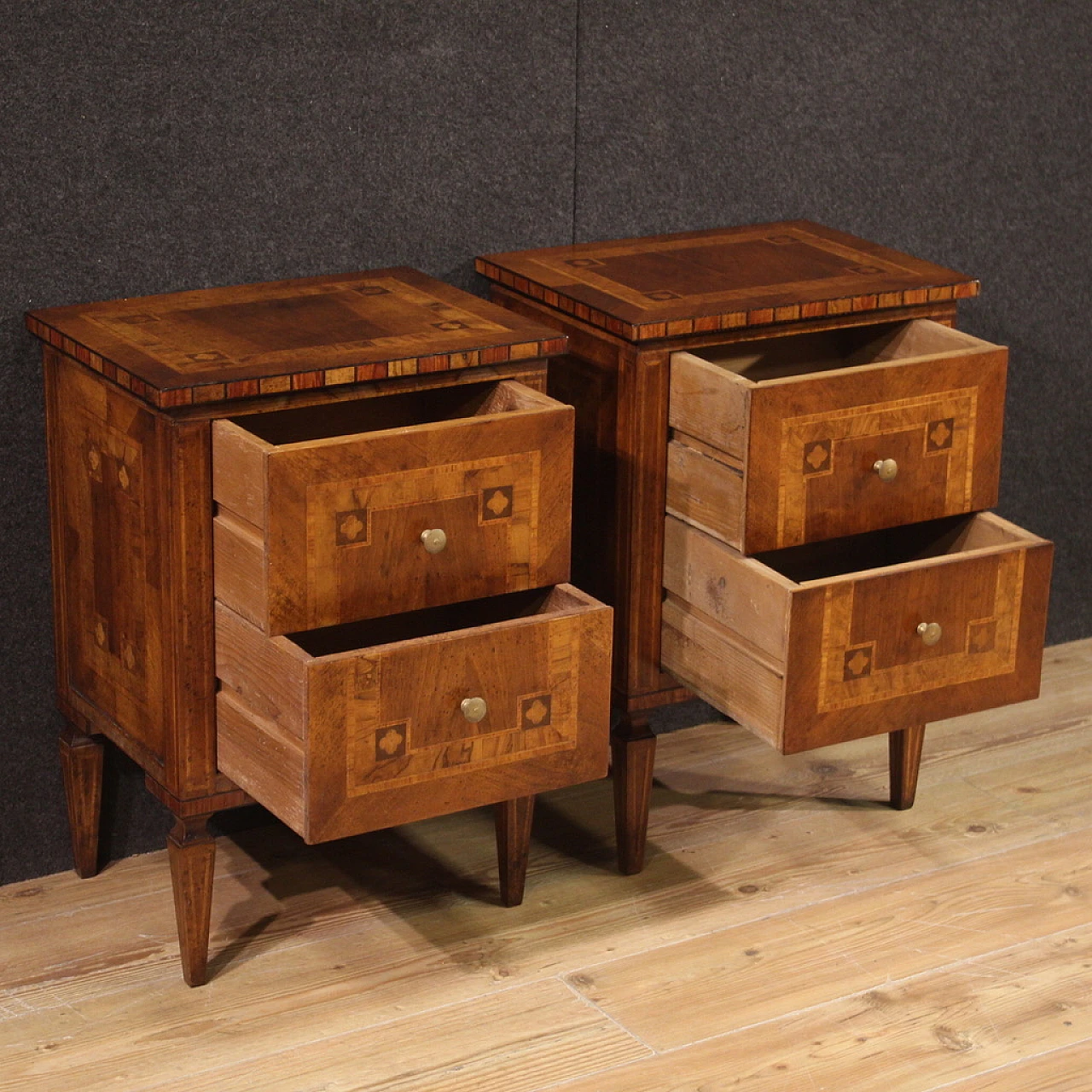 Pair of Louis XVI style inlaid wood  bedside tables, 1970s 9