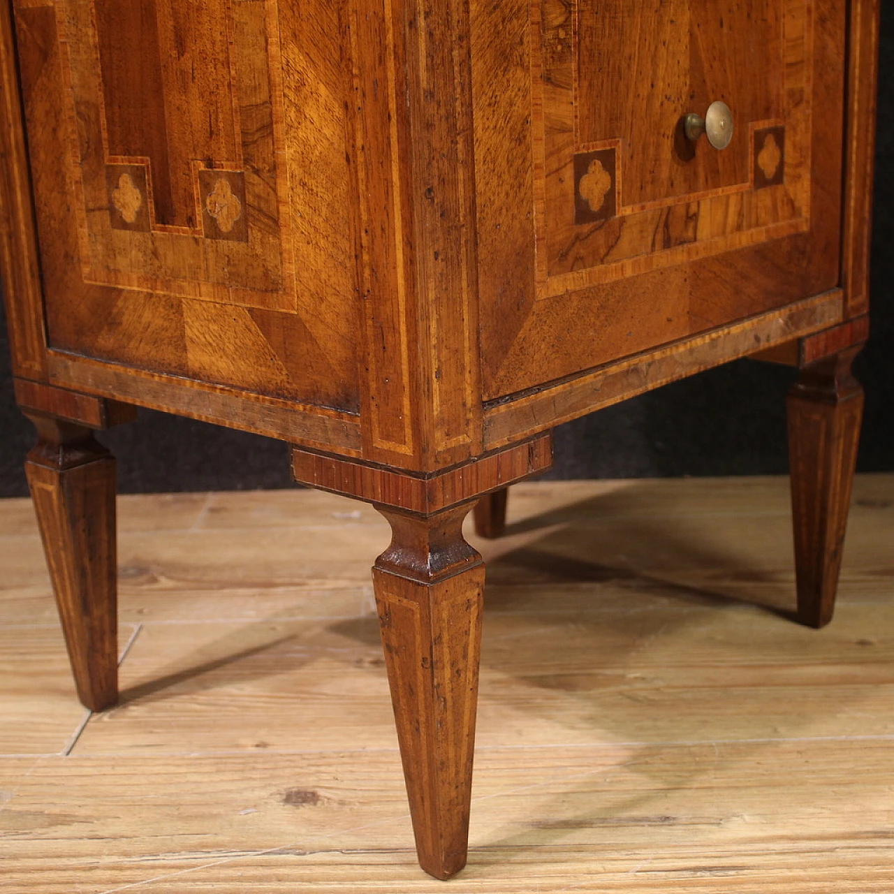 Pair of Louis XVI style inlaid wood  bedside tables, 1970s 10