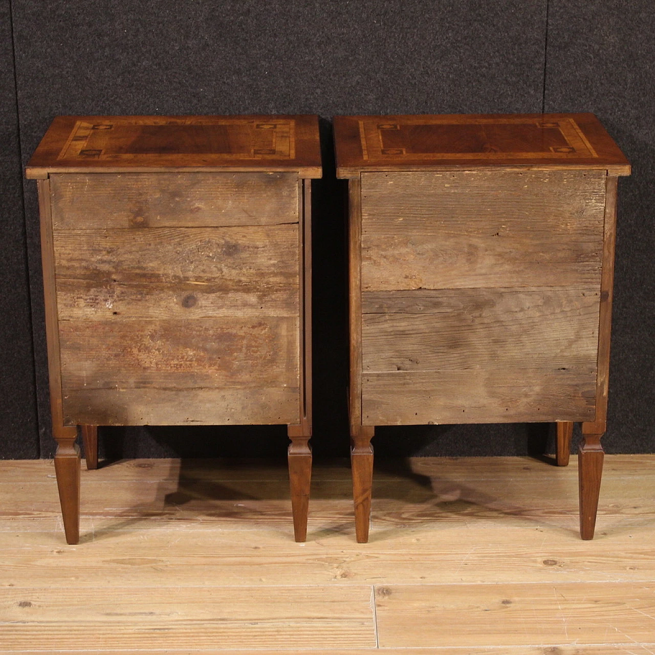 Pair of Louis XVI style inlaid wood  bedside tables, 1970s 11