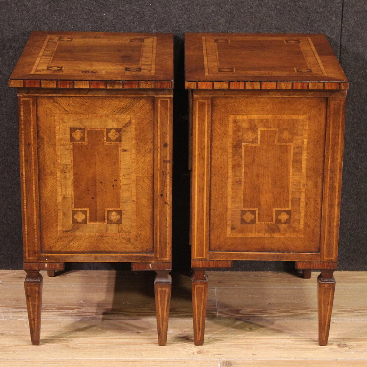 Pair of Louis XVI style inlaid wood  bedside tables, 1970s 12