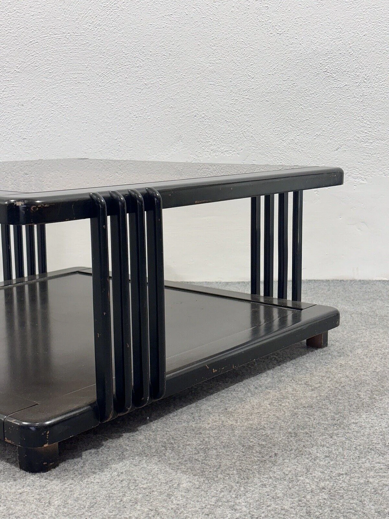 Square black wood coffee table with ochre glass top, 1960s 2