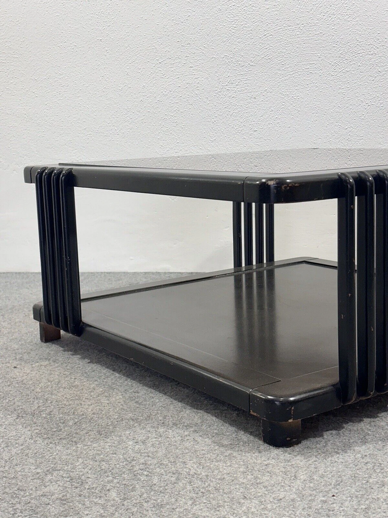 Square black wood coffee table with ochre glass top, 1960s 3