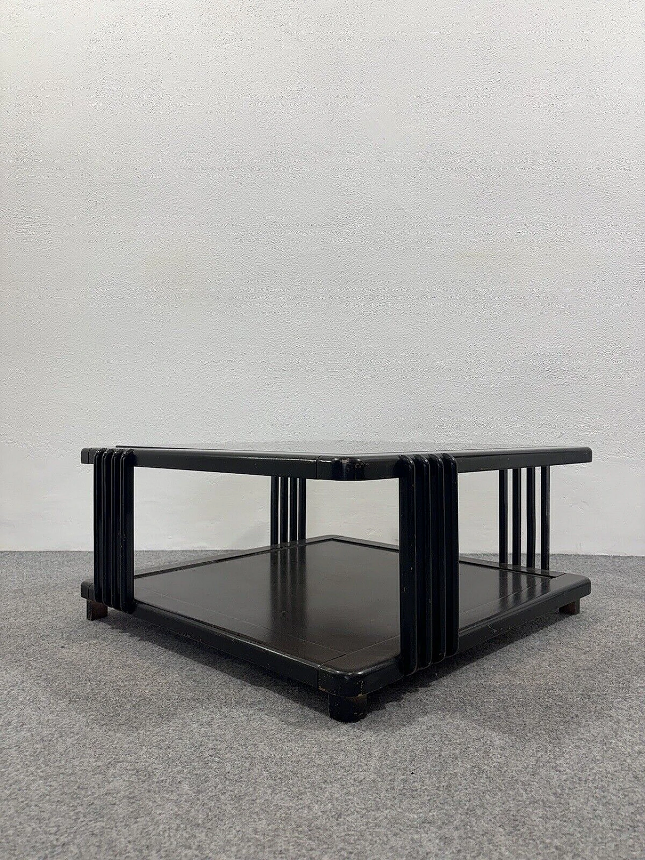 Square black wood coffee table with ochre glass top, 1960s 4