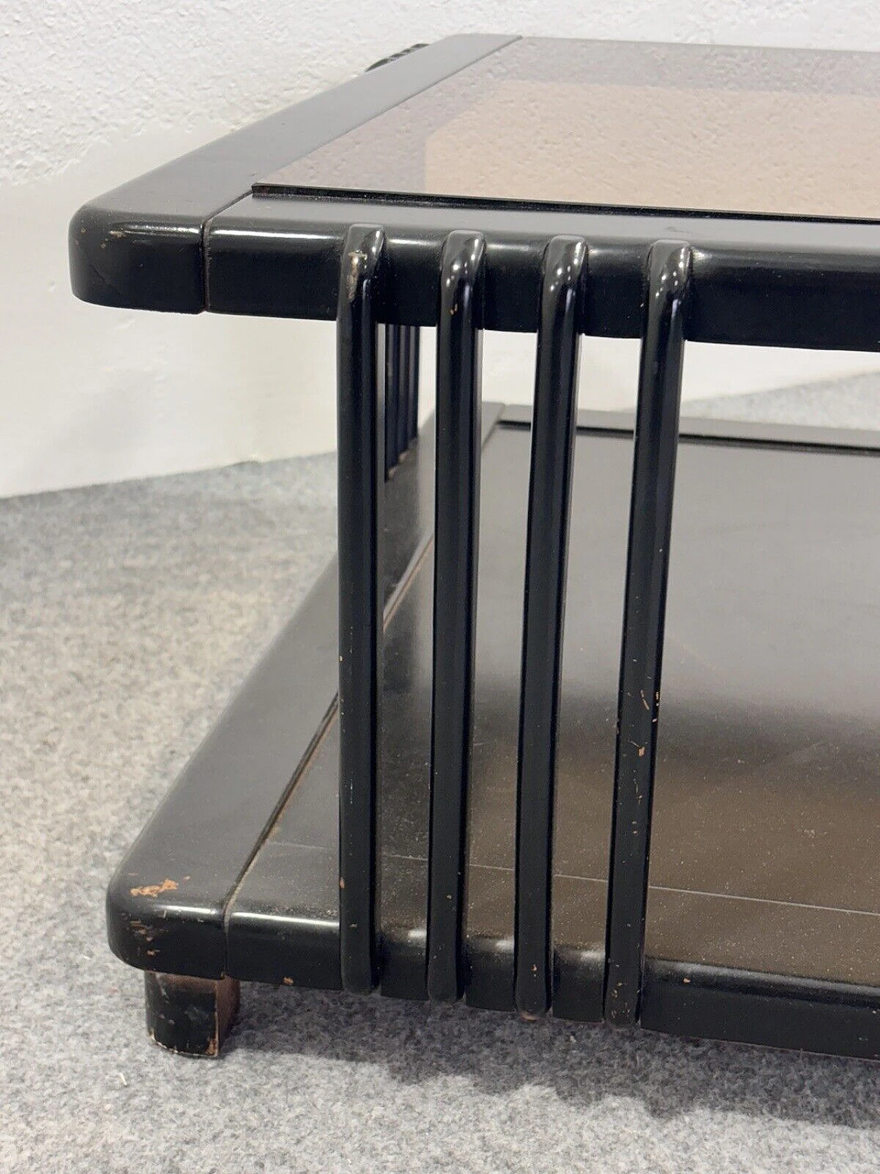 Square black wood coffee table with ochre glass top, 1960s 7