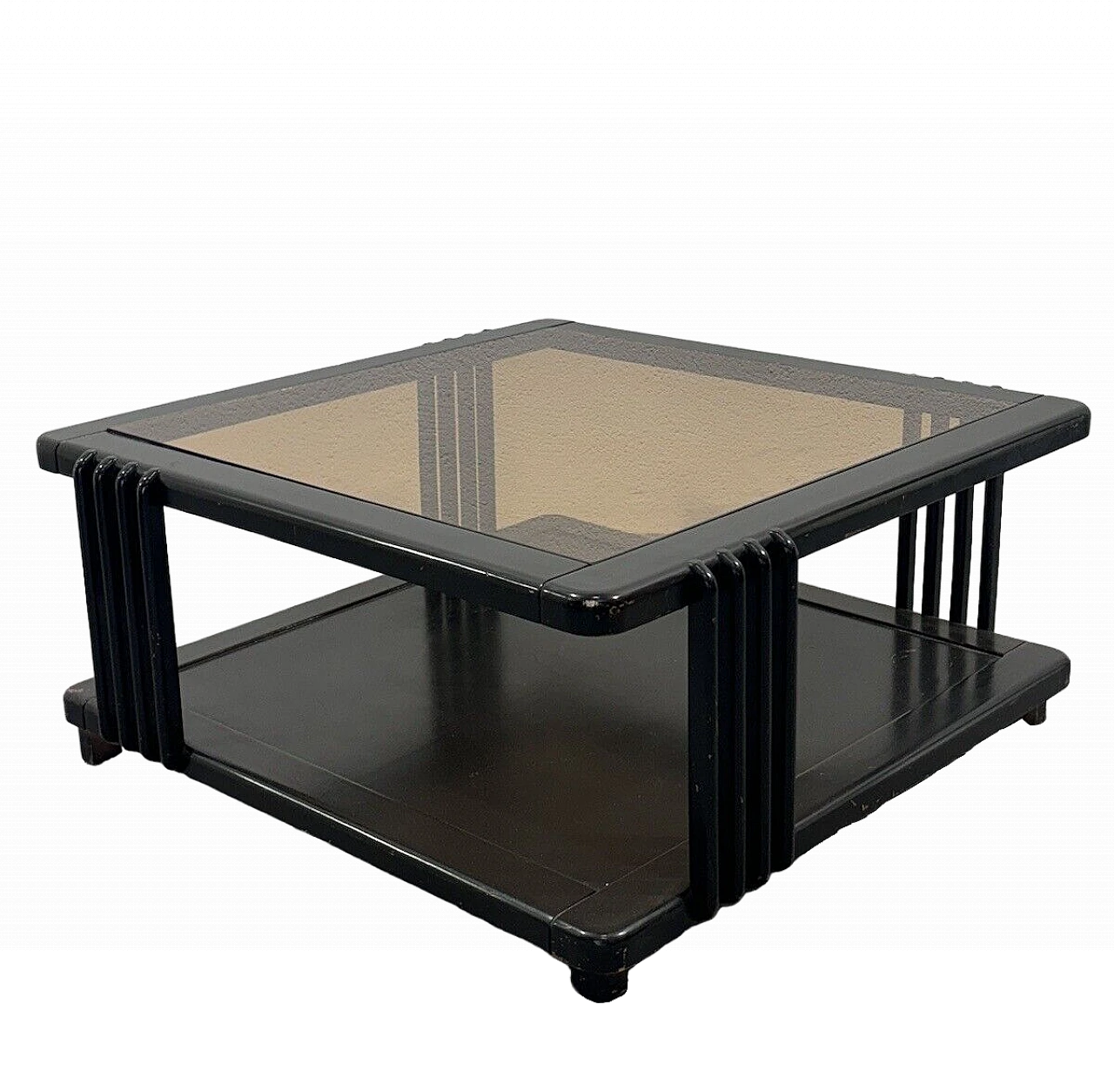 Square black wood coffee table with ochre glass top, 1960s 9