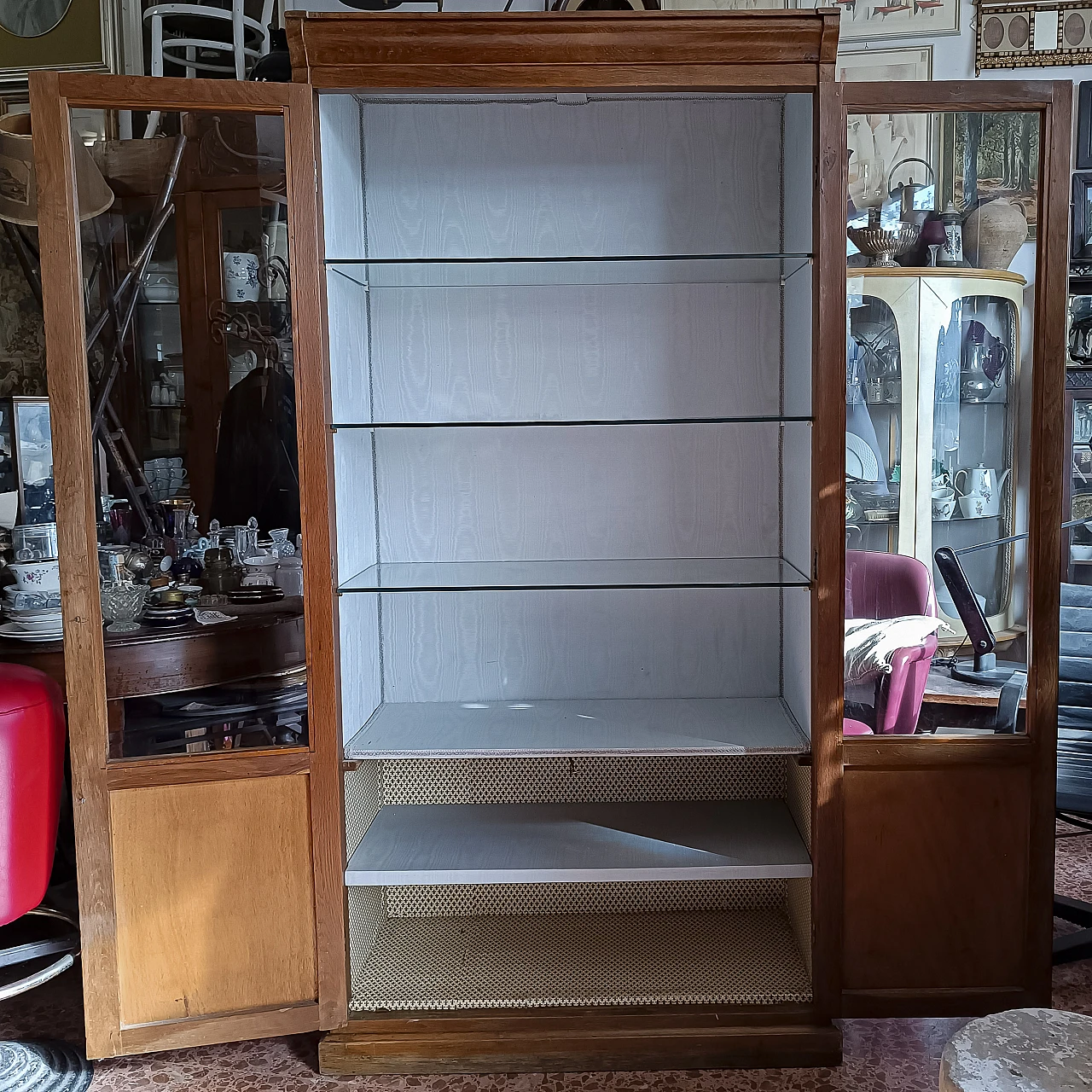 Wood display cabinet with glass and fabric shelves, 1930s 2