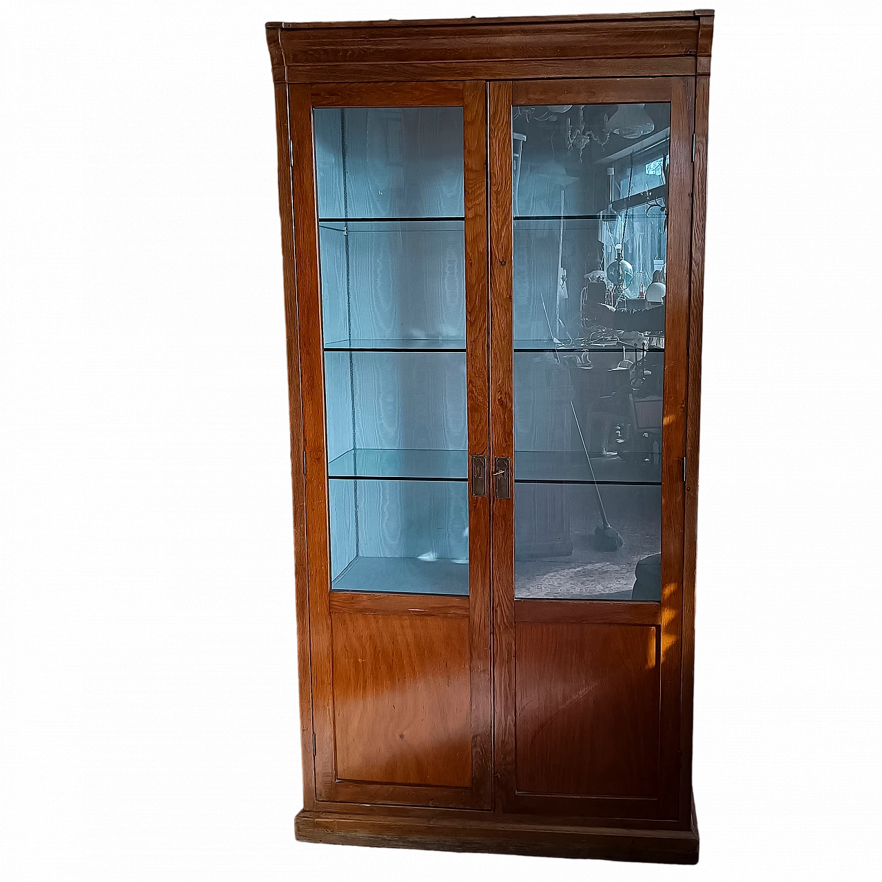 Wood display cabinet with glass and fabric shelves, 1930s 9