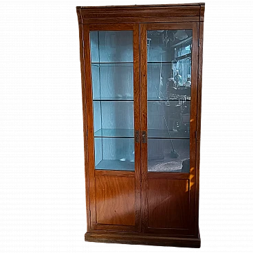 Wood display cabinet with glass and fabric shelves, 1930s