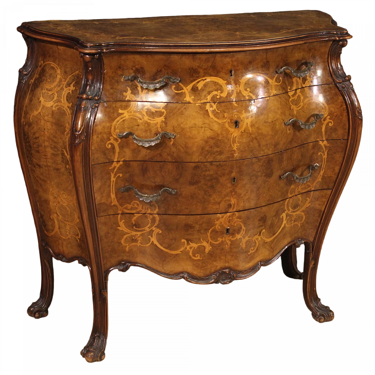 Walnut and briarwood inlaid dresser with four drawers 14