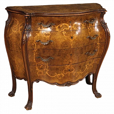 Walnut and briarwood inlaid dresser with four drawers