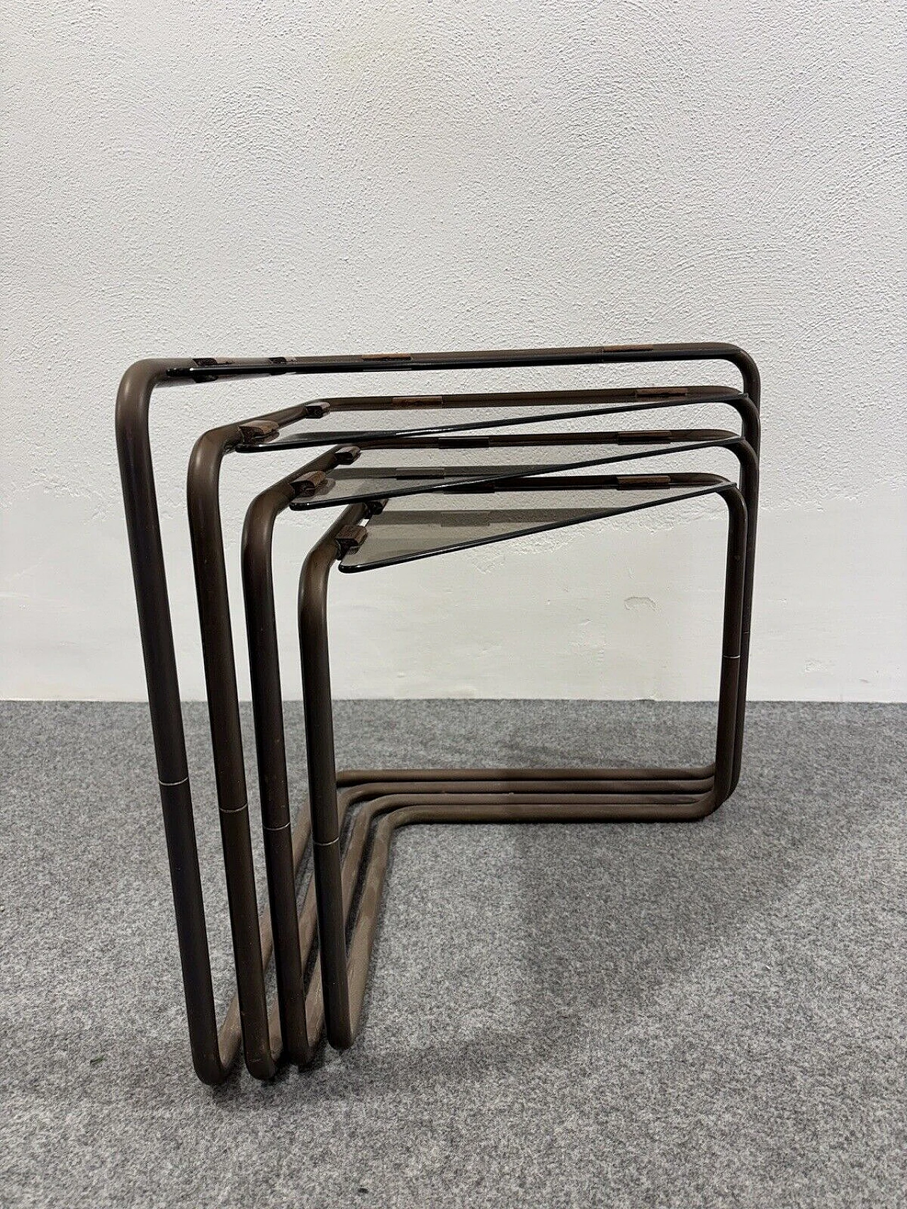 4 Modular coffee tables in metal and smoked crystal, 1960s 5