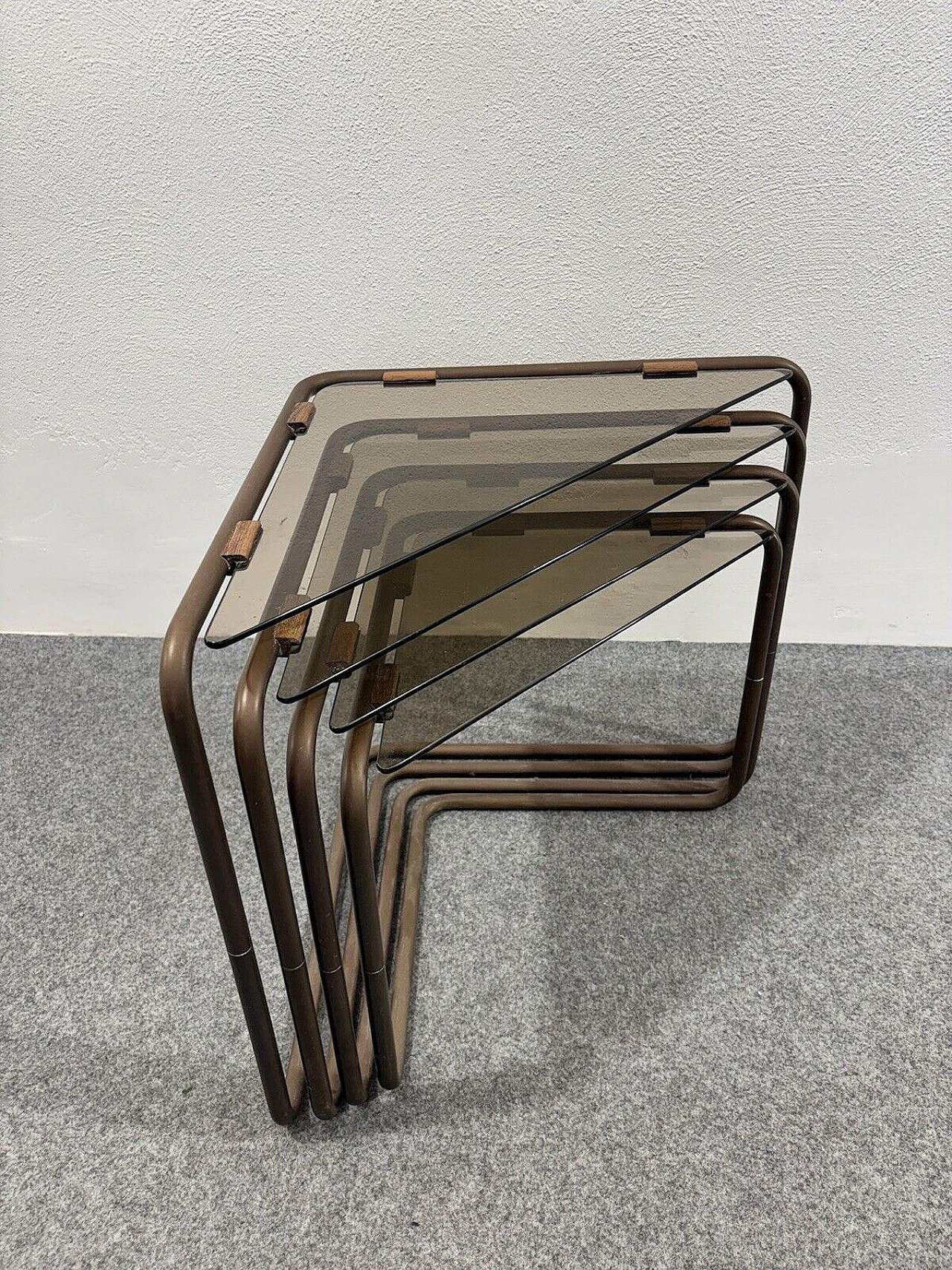 4 Modular coffee tables in metal and smoked crystal, 1960s 6