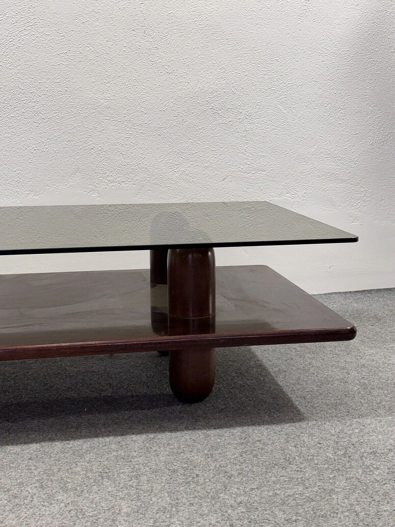 Wood and ochre glass coffee table with double shelf, 1960s 1