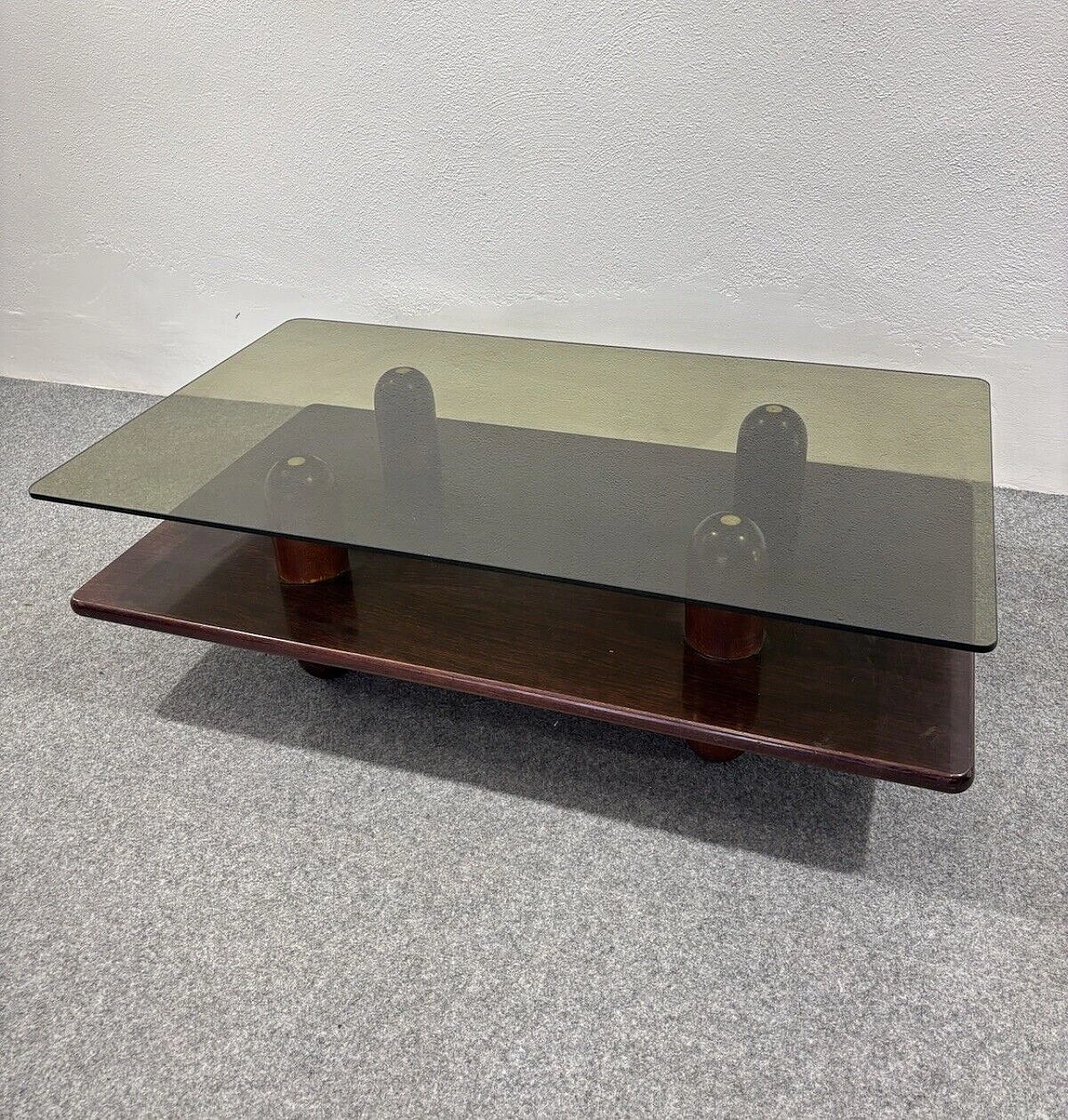 Wood and ochre glass coffee table with double shelf, 1960s 2