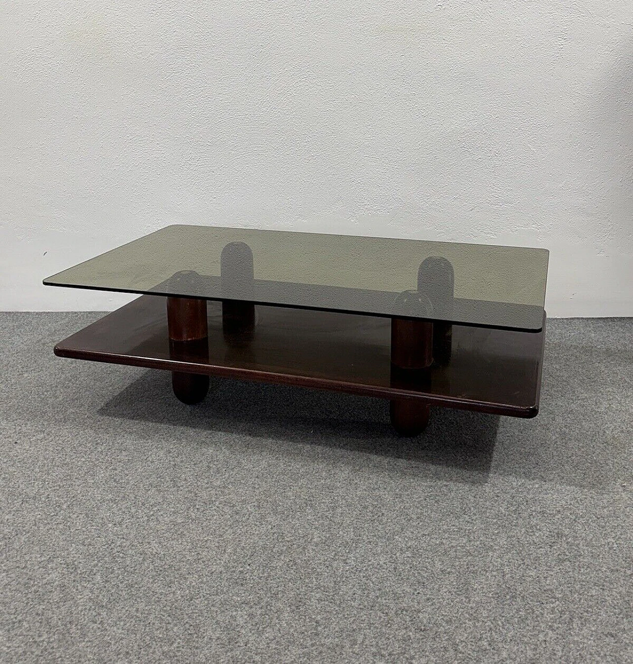 Wood and ochre glass coffee table with double shelf, 1960s 3